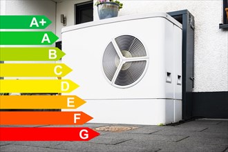Heat pump in the front garden of a terraced house, diagram with energy efficiency classes for