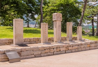 Concrete steles honoring Christian martyrs located in Hongseongeup, South Korea, Asia
