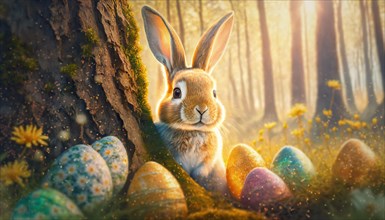 Cute rabbit character hiding behind a tree stem in the woods with Easter eggs among blooming
