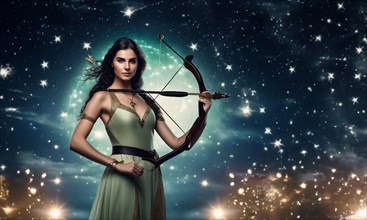 Young woman Sagittarius zodiac sign with dark hair and green eyes against the background of the
