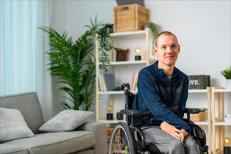 Portrait of a cheerful disabled man in wheelchair smiling at camera chilling at home