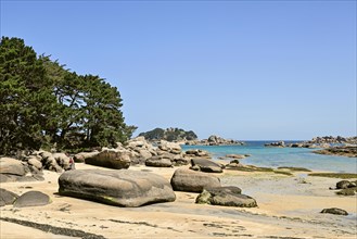 Bay of the pink granite coast with sandy beach and boulders, Tregastel, Cotes-d'Armor, Brittany,