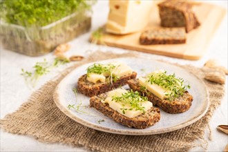 Grain bread sandwiches with cheese and watercress microgreen on gray concrete background and linen