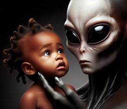 Science fiction, space travel, encounter of an extraterrestrial alien with a human child, AI
