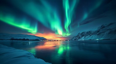 A vibrant green aurora dances over a snowy landscape with reflections in a frozen river, AI