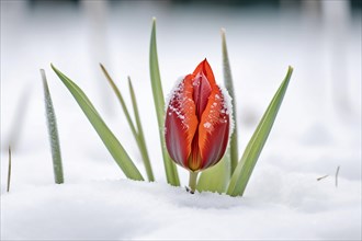 Tulip spring flower covered in snow. KI generiert, AI generated