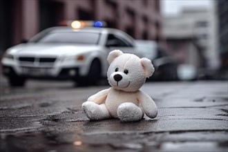 Teedy bear toy on street with police car in background. KI generiert, generiert AI generated