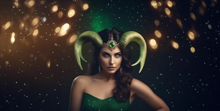 Young woman Aries according to the zodiac sign with dark hair and green eyes against the background