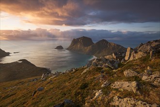 View of Haukland Beach from the summit of Holandsmelen, Lofoten. Dramatic sunset in autumn