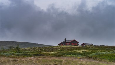 Shot of a hut in the rain, landscape format, log cabin, holiday home, Fjell, treeless plateau,