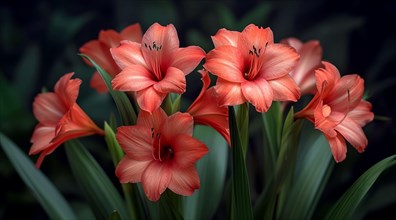 A cluster of elegant red Amaryllis flowers, Butterfly sword lily, Gladiolus papilio against a dark