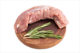 Raw pork with herbs and spices isolated on white background. Side view, close up