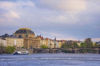 Beautiful National Theatre building and Vltava river in the city center of Prague, Czech Republic