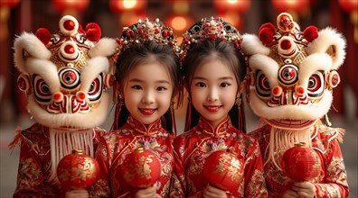 Two smiling children in traditional Chinese attire holding mini lion dance costumes, AI generated