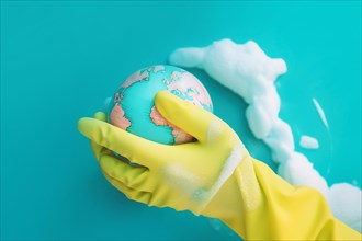 Hand in rubber gloves cleaning planet earth globe with foam. KI generiert, AI generated