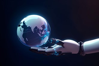 Artificial intelligence android hand holding planet earth globe. KI generiert, generiert AI
