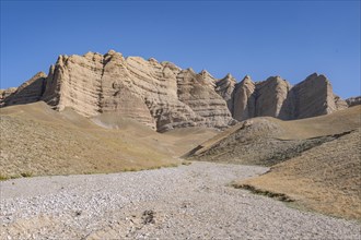 Mountain landscape with steep rocks, eroded rock formations between yellow hills, near Baetov,