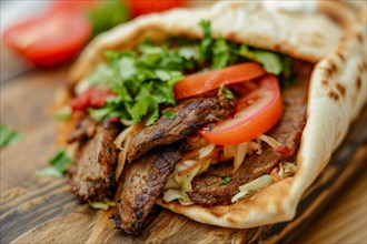 An appetising doner kebab in flatbread with tomatoes, coleslaw and parsley, served on a wooden