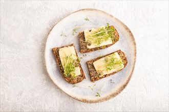 Grain bread sandwiches with cheese and watercress microgreen on gray concrete background. top view,