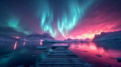 A stunning display of the aurora borealis over a snowy landscape with a wooden pier, AI generated