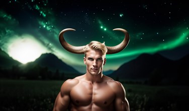 Young male Taurus zodiac sign with Taurus horns with blond hair and green eyes against the