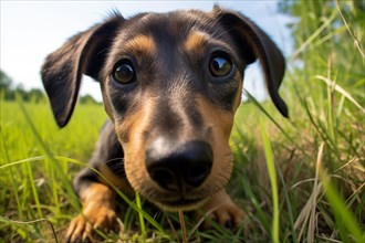 Young dachshund puppy lying in a sunlit field, surrounded by nature, AI generated