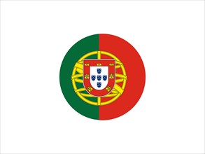 Circular design inspired by the flag of Portugal with green and red sections and coat of arms
