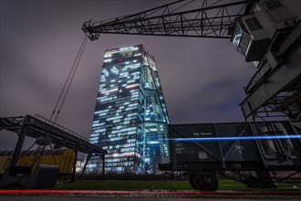 The lights of the European Central Bank (ECB) shine in the evening, European Central Bank,