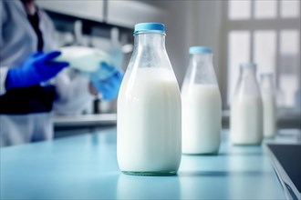 Milk glass bottle in laboratory. Concept for lab grown milk from artificial cultured dairy