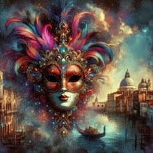 Ornate fantasy mask over a surreal Venetian scene in grand canal with a gondola and vibrant colors