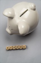 White piggy bank and tax lettering against a white background, top view, studio shot, Germany,