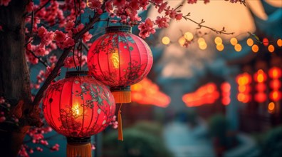 Red traditional Chinese lanterns hanging from cherry blossom branches, AI generated