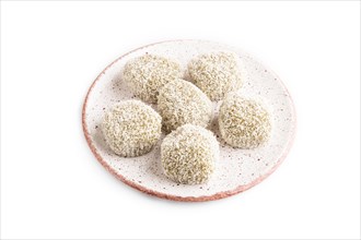 Japanese rice sweet buns mochi filled with pandan jam isolated on white background. side view,