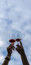 Vertical image of the hands of a young female couple toasting with wine glasses