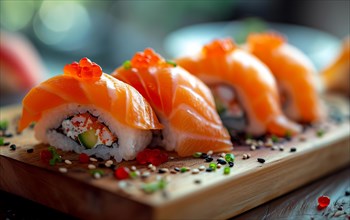 Sushi rolls topped with fresh salmon slices and roe, garnished with sesame seeds, AI generated