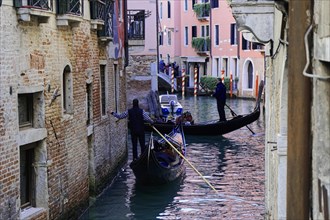 Tourists, gondolas, side canal, Venice, Veneto, Italy, Europe