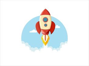 Cartoon rocket launching into the sky surrounded by clouds