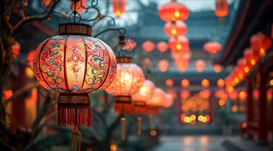 Illuminated traditional Chinese lanterns with calligraphy, hanging in a historic setting, AI