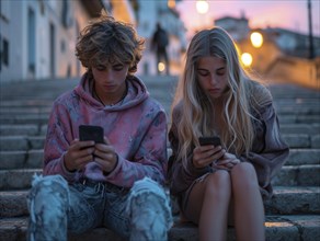 Several young people look bored at their cell phones, neglect social contacts, sport, reading, AI