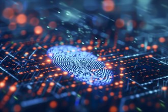A fingerprint on a glowing blue circuit symbolises advanced security technology, biometric