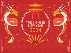 A festive Chinese New Year 2024 design with dragons and traditional red and gold decorations