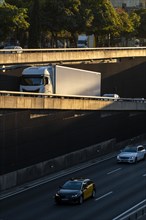 Elevated view of a highway at dusk in the Barcelona metropolitan area in Spain