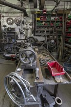 Workshop with lathe of a metal powder mill, founded around 1900, Igensdorf, Upper Franconia,