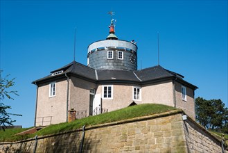 Wilhelmstein Fortress, historic castle with tower, tower clock and weather vane under a clear blue,