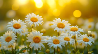 Angelita daisies with a warm golden bokeh effect from the sunset, AI generated