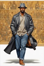 Portrait of american african 40s year old man cat walk pose wear jeans jacket and plain shirt ai
