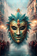Ornate masquerade mask floating over a crowded Venetian carnival scene with a mystical air, ai