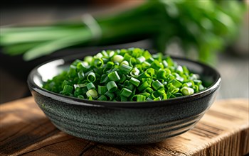 Chopped green onions in a bowl on a wooden board, suggesting fresh ingredients for cooking, AI