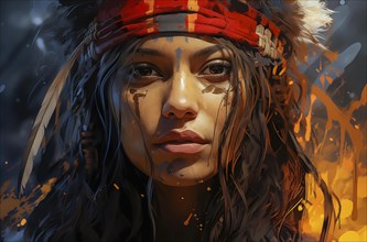 Portrait of a young woman in an Indian headdress with a serious look in front of a fiery