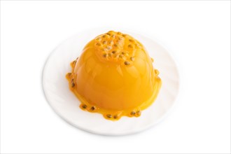 Mango and passion fruit jelly isolated on white background. side view, close up